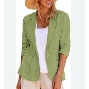 Mina Self Green Linen Blend Blazer Size XL 3/4 Sleeve Ruched Lined Lightweight